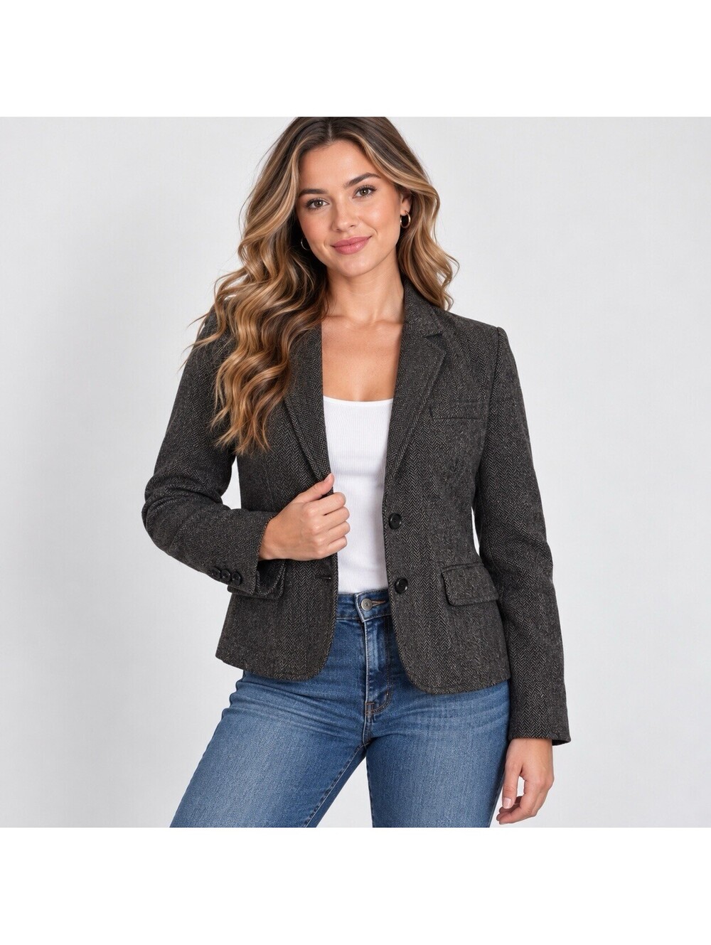 American Eagle M Wool Herringbone Blazer Charcoal Tweed Dark Academia Preppy